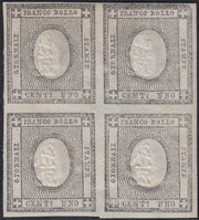 EB80 - 1861 - Cifra a rilievo, c. 1 grigio chiaro blocco di quattro esemplari nuovo con gomma (19d)