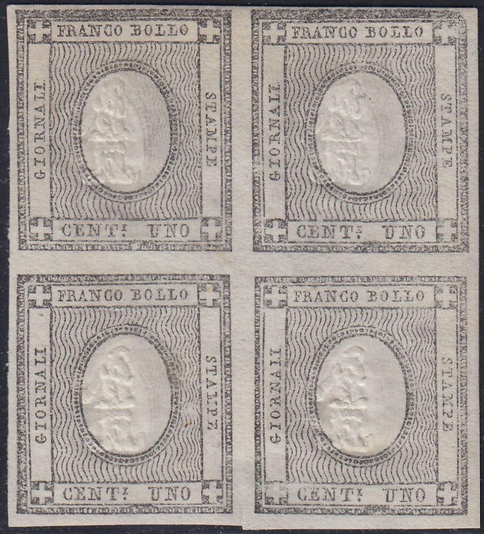EB80 - 1861 - Cifra a rilievo, c. 1 grigio chiaro blocco di quattro esemplari nuovo con gomma (19d)