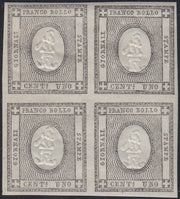 EB80 - 1861 - Cifra a rilievo, c. 1 grigio nero blocco di quattro esemplari nuovo con gomma integra (19)