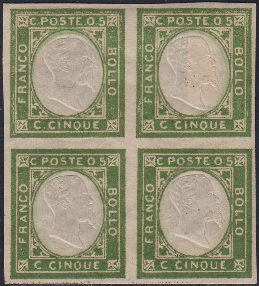 EB83 - 1861 - Non emessi, c. 5 verde giallo blocco di quattro esemplari nuovo con gomma integra (1)