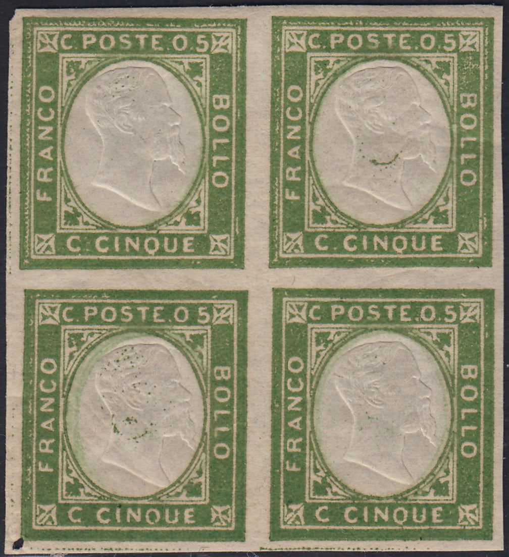 EB84 - 1861 - Non emessi, c. 5 verde giallo blocco di quattro esemplari nuovo con gomma integra (1)