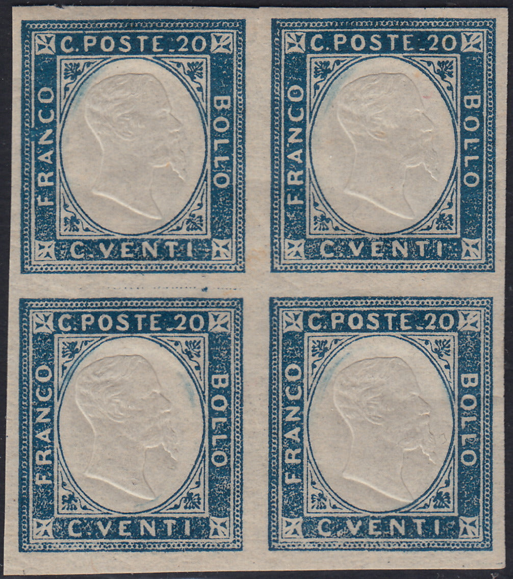 EB85 - 1861 - Non emessi, c. 20 azzurro chiaro blocco di quattro esemplari nuovo con gomma integra (3a)