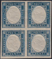 EB85 - 1861 - Non emessi, c. 20 azzurro chiaro blocco di quattro esemplari nuovo con gomma integra (3a)