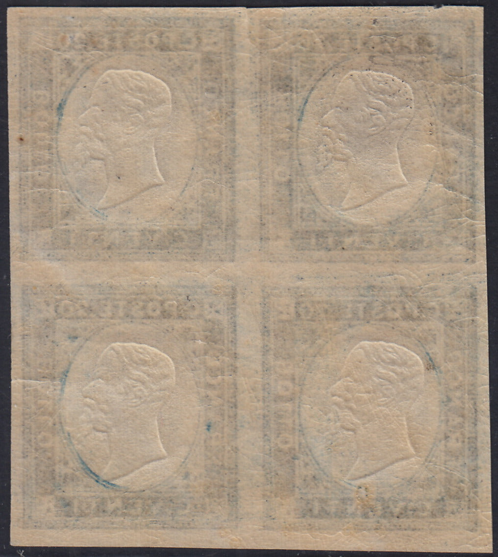 EB85 - 1861 - Non emessi, c. 20 azzurro chiaro blocco di quattro esemplari nuovo con gomma integra (3a)
