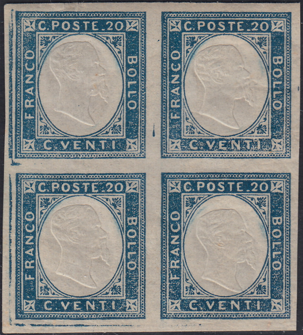 EB86 - 1861 - Non emessi, c. 20 azzurro chiaro blocco di quattro esemplari nuovo con gomma integra (3a)