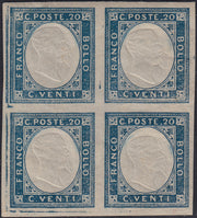 EB86 - 1861 - Non emessi, c. 20 azzurro chiaro blocco di quattro esemplari nuovo con gomma integra (3a)