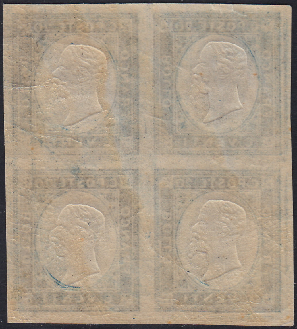 EB86 - 1861 - Non emessi, c. 20 azzurro chiaro blocco di quattro esemplari nuovo con gomma integra (3a)