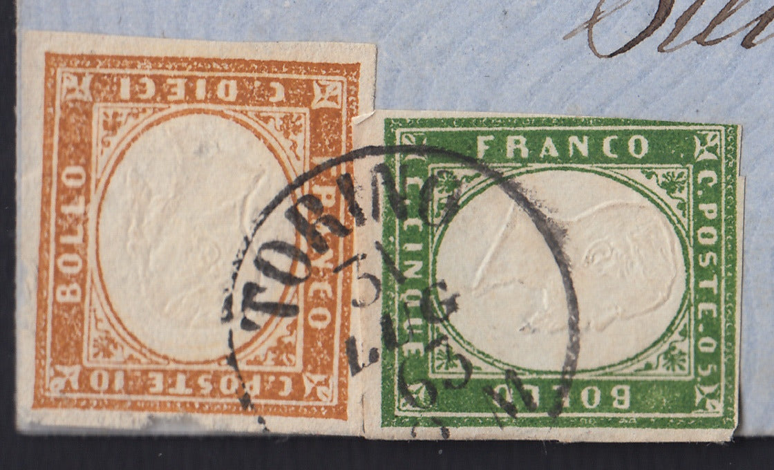 EB91 - 1863 - Lettera spedita da Torino per Meina 31/7/63 affrancata con c. 5 verde + c. 10 bistro (13Ea + 14E)