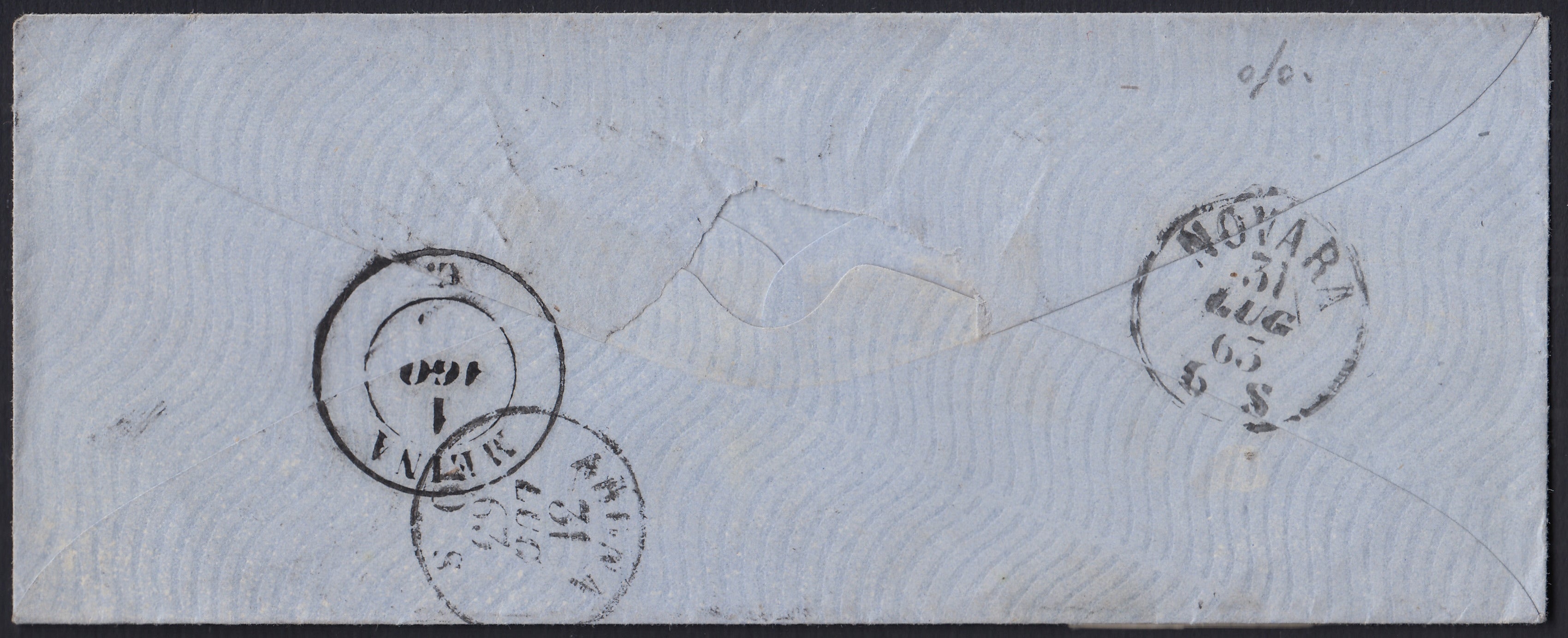 EB91 - 1863 - Lettera spedita da Torino per Meina 31/7/63 affrancata con c. 5 verde + c. 10 bistro (13Ea + 14E)