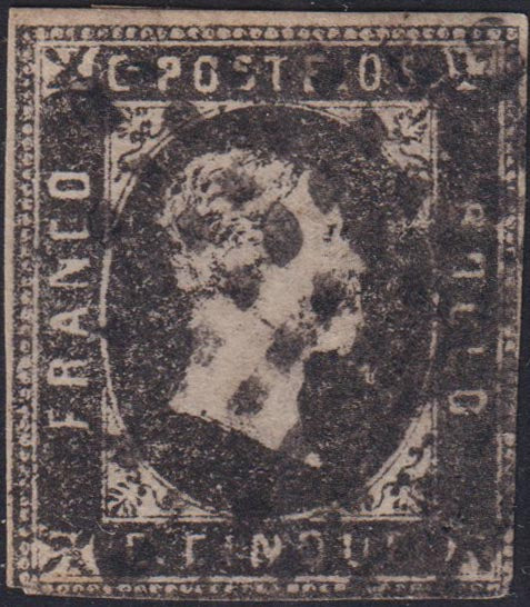 EB92 - 1851 - Sardegna I emissione, c. 5 nero grigiastro usato (1d)