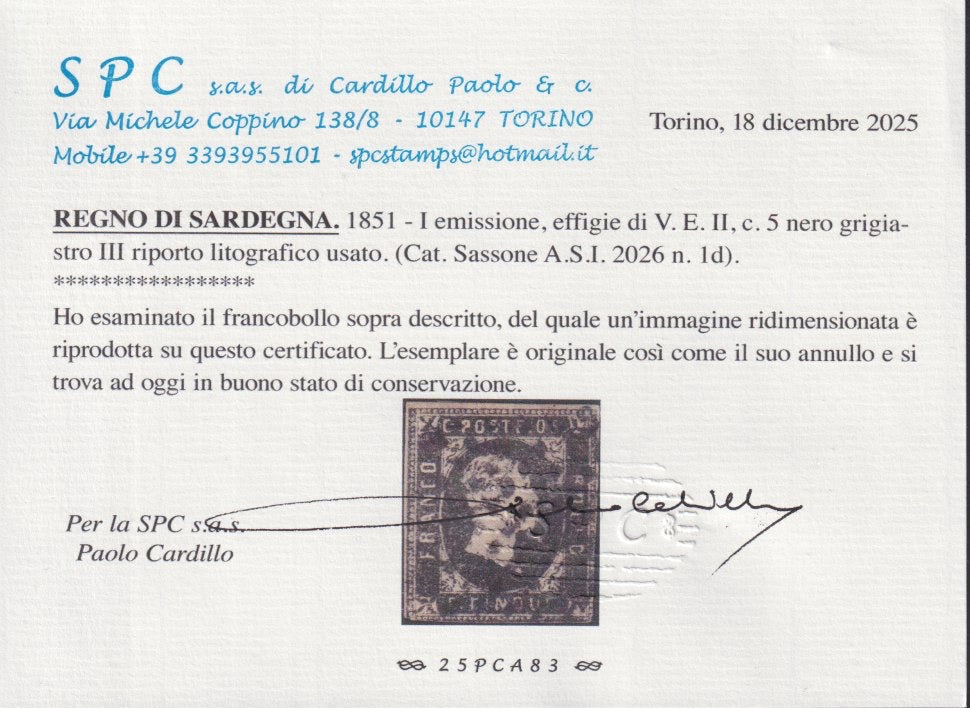 EB92 - 1851 - Sardegna I emissione, c. 5 nero grigiastro usato (1d)