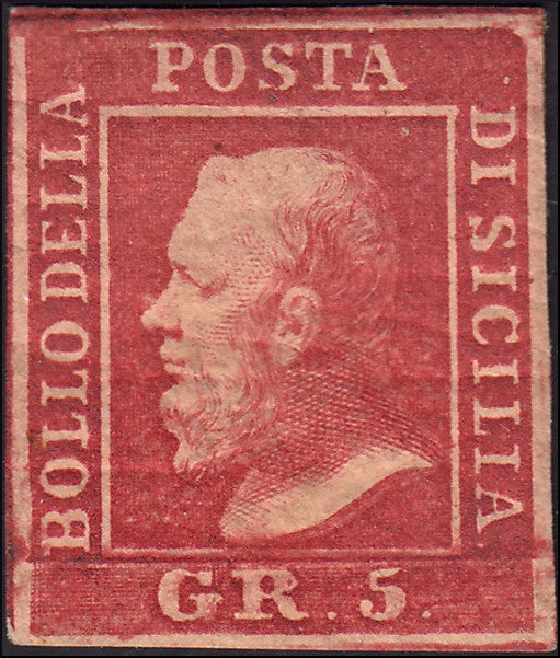 EBS12 - 1859 - Effigie di Federico II di Borbone, 5 gr. rosa vermiglio I tavola carta di Napoli nuovo con gomma originale (9e)