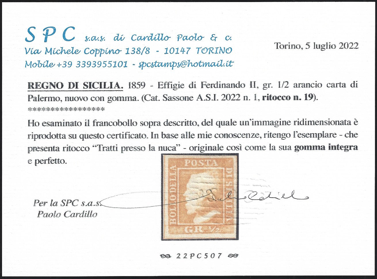 1859 - 1/2 grano arancio I tavola carta di Palermo ritocco n. 19 nuovo con gomma integra (1)