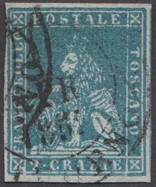 EC16_309 - 1851 - Leone di Marzocco, 2 crazie azzurro verdastro su carta grigia e filigrana corona usato (5e)