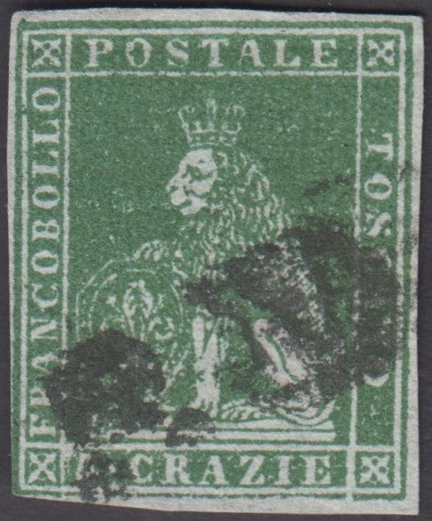 EC16_332 - 1851 - Leone di Marzocco, 4 crazie verde giallo scuro su carta grigia e filigrana corona usato (6d)