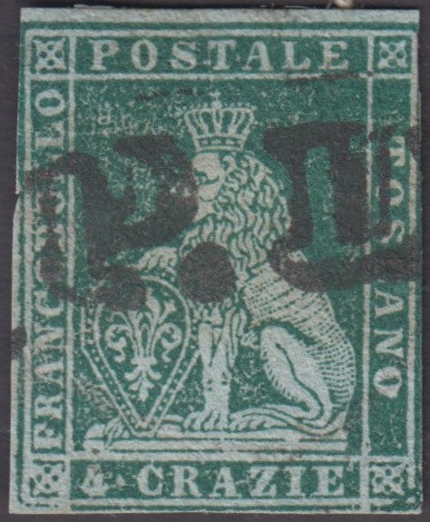 EC16_423 - 1851 - Leone di Marzocco, 4 crazie verde su carta grigia e filigrana corona usato (6)