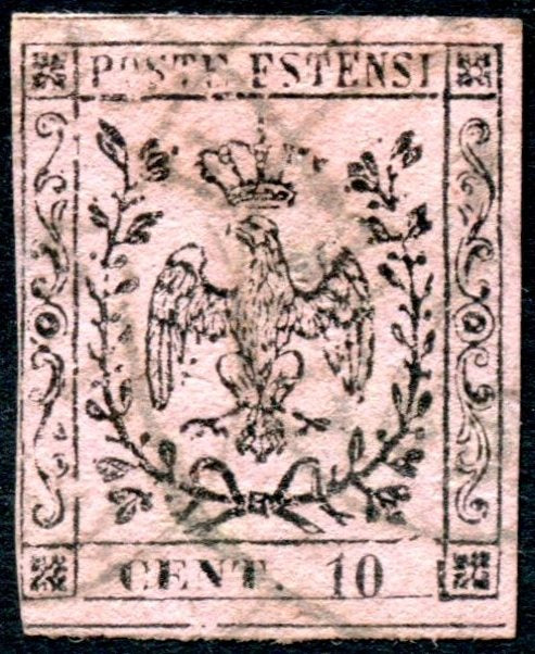 EC16_58 - 1852 - Aquila estense, emissione senza punto dopo la cifra, c. 10 rosa vivo usato (2a)