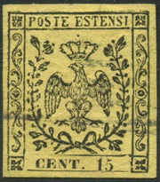 EC16_79 - 1852 - Aquila estense, emissione senza punto dopo la cifra, c. 15 giallo usato (3)