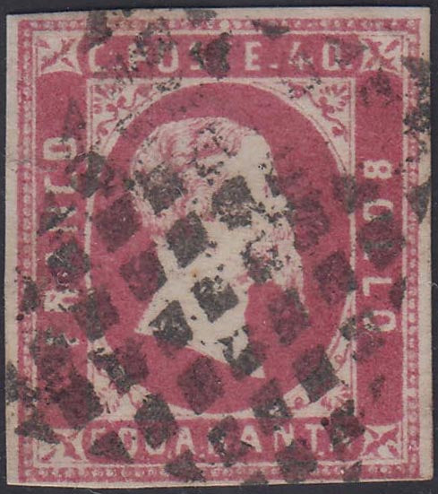 EC32_137 - 1851 - Effigie di Vittorio Emanuele II volta a destra, c. 40 rosa carminio vivo usato (3b).