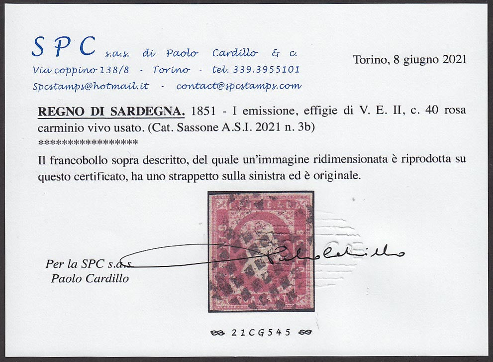 EC32_137 - 1851 - Effigie di Vittorio Emanuele II volta a destra, c. 40 rosa carminio vivo usato (3b).