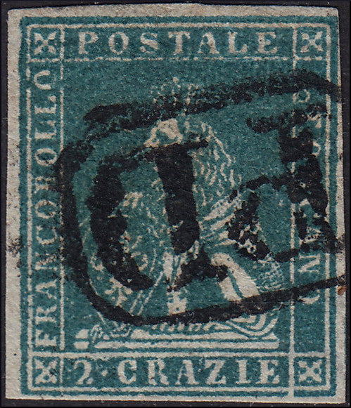 EC34 - 1851 - Leone di Marzocco, 2 crazie verde azzurro su carta grigia e filigrana corona usato (5f)