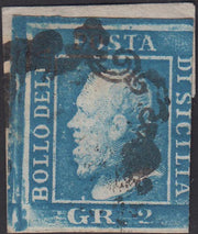 EC70_23 - 1859 - Effigie di Federico II di Borbone, 2 grana azzurro vivo I tavola carta di Napoli Ritocco 82 usato (6f)