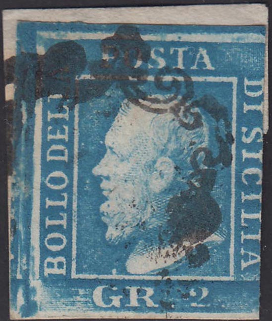 EC70_23 - 1859 - Effigie di Federico II di Borbone, 2 grana azzurro vivo I tavola carta di Napoli Ritocco 82 usato (6f)