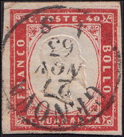 ECB89 - 1863 - IV emissione c. 40 rosa vermiglio usato con annullo di Genova 27/11/63 (16F)