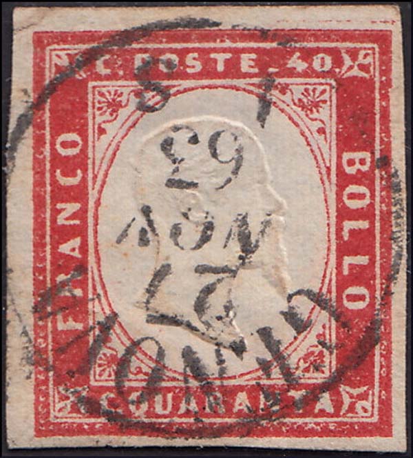 ECB89 - 1863 - IV emissione c. 40 rosa vermiglio usato con annullo di Genova 27/11/63 (16F)