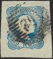 EC146 - 1855 - Effigie di Pietro V del primo tipo, 25 reis azzurro usato (6)