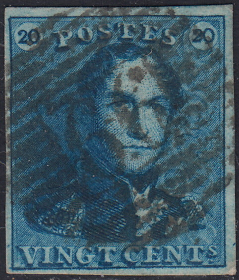 ECG203 - 1849 - Leopoldo I, filigrana "L.L.", I emissione 20c. azzurro usato (Y&T 2)