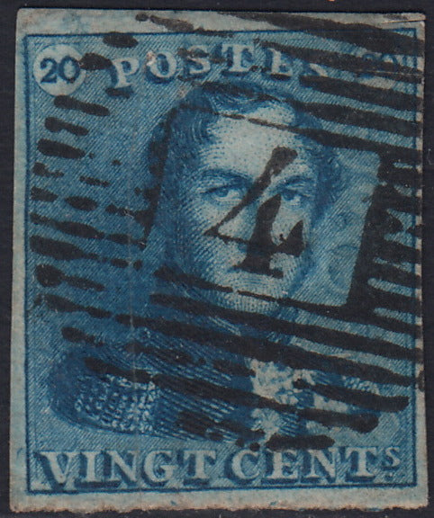 ECG204 - 1849 - Leopoldo I, filigrana "L.L.", I emissione 20c. azzurro usato (Y&T 2)