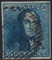 ECG206 - 1849 - Leopoldo I, filigrana "L.L.", I emissione 20c. azzurro usato (Y&T 2)