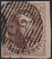 ECG224 - 1858/61 - Leopoldo I, senza filigrana, 10c. bruno (chiaro) usato (Y&T 10)