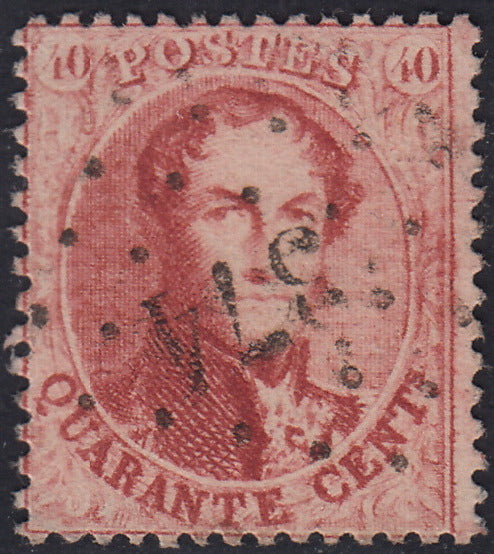 ECG227 - 1863 - Leopoldo I dentellatura 12 1/2 x 13 1/2, 40c. rosa carminio usato (Y&T 16B)