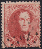 ECG233 - 1863 - Leopoldo I dentellatura 12 1/2 x 13 1/2, 40c. rosa carminio usato (Y&T 16C)