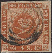 ECG46 - 1858/63 - Stemma, filigrana corona, 4s. bruno su fondo ondulato usato (Y&T n. 8)