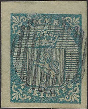 ECG90 - 1855 - Stemma, leone rampante, filigrana Leone, 4s. azzurro usato (1)