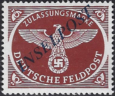 1945 - German occupation of the Aegean, light blue military relief stamp with INSELPOST overprint in violet upside down, used (8a) 