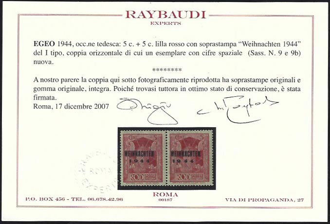 EOT4 - 1944 - Occupazione tedesca dell'Egeo, francobollo di Egeo del 1932 (56/I) soprastampato "WEIHNACHTEN 1944", coppia orizzontale con soprastampa del I tipo di cui una con varietà, nuova con gomma (9 + 9b)