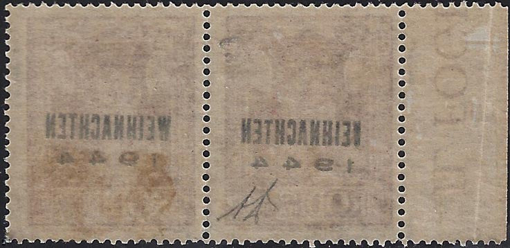 EOT5 - 1944 - Occupazione tedesca dell'Egeo, francobollo di Egeo del 1932 (56/I) soprastampato "WEIHNACHTEN 1944", coppia orizzontale con soprastampa del II tipo di cui una con varietà, nuova con gomma (10 + 10ab)