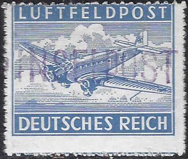 1945 - German occupation of the Aegean, light blue military relief stamp with INSELPOST overprint in violet upside down, used (8a) 