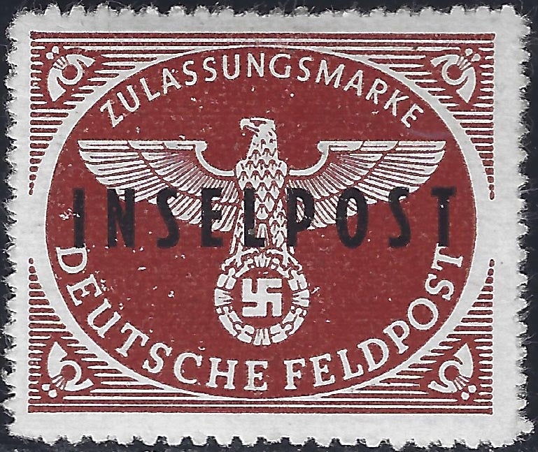 1945 - German occupation of the Aegean, light blue military relief stamp with INSELPOST overprint in violet upside down, used (8a) 