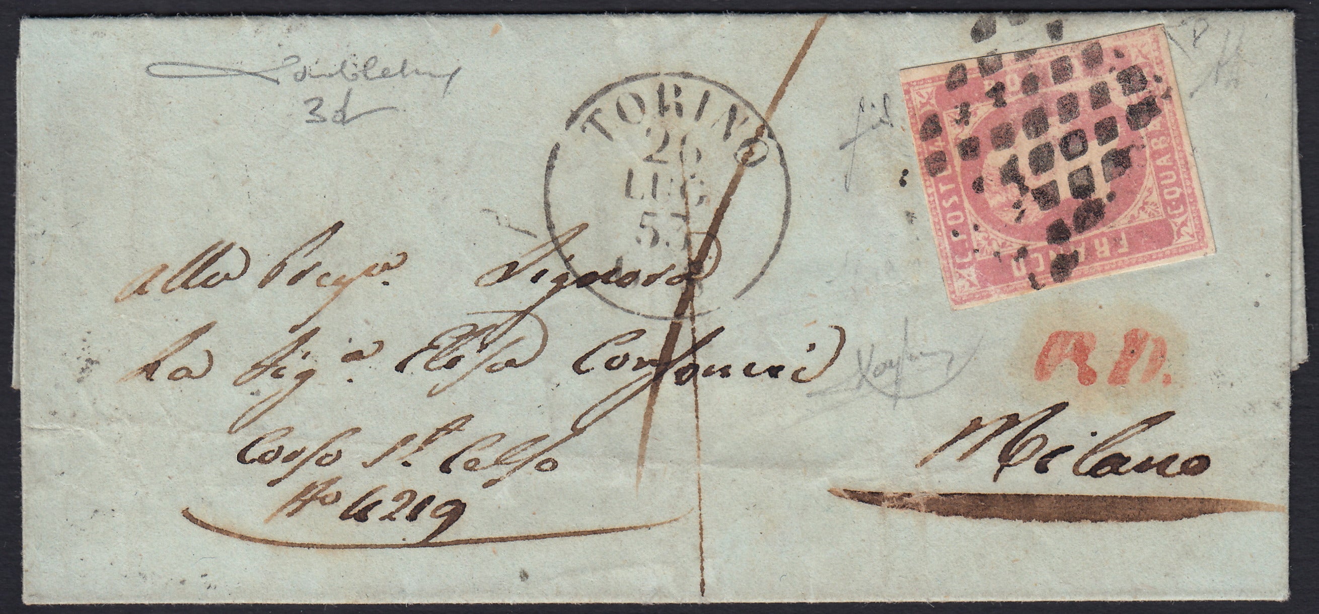 ES2512 - 1851 - I emissione c. 40 rosa lilla isolato su lettera da Torino per Milano 26/7/53 (3d)