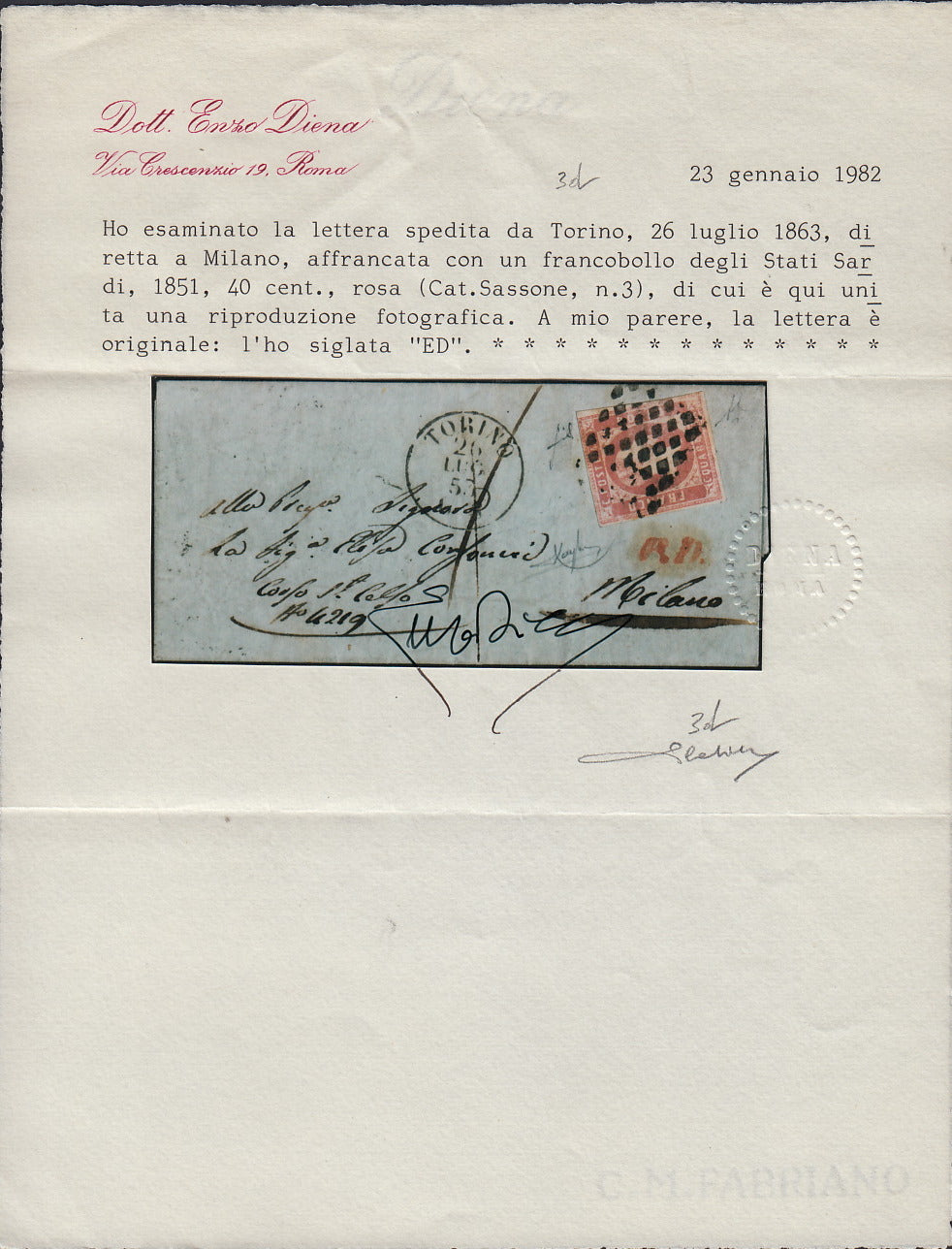 ES2512 - 1851 - I emissione c. 40 rosa lilla isolato su lettera da Torino per Milano 26/7/53 (3d)