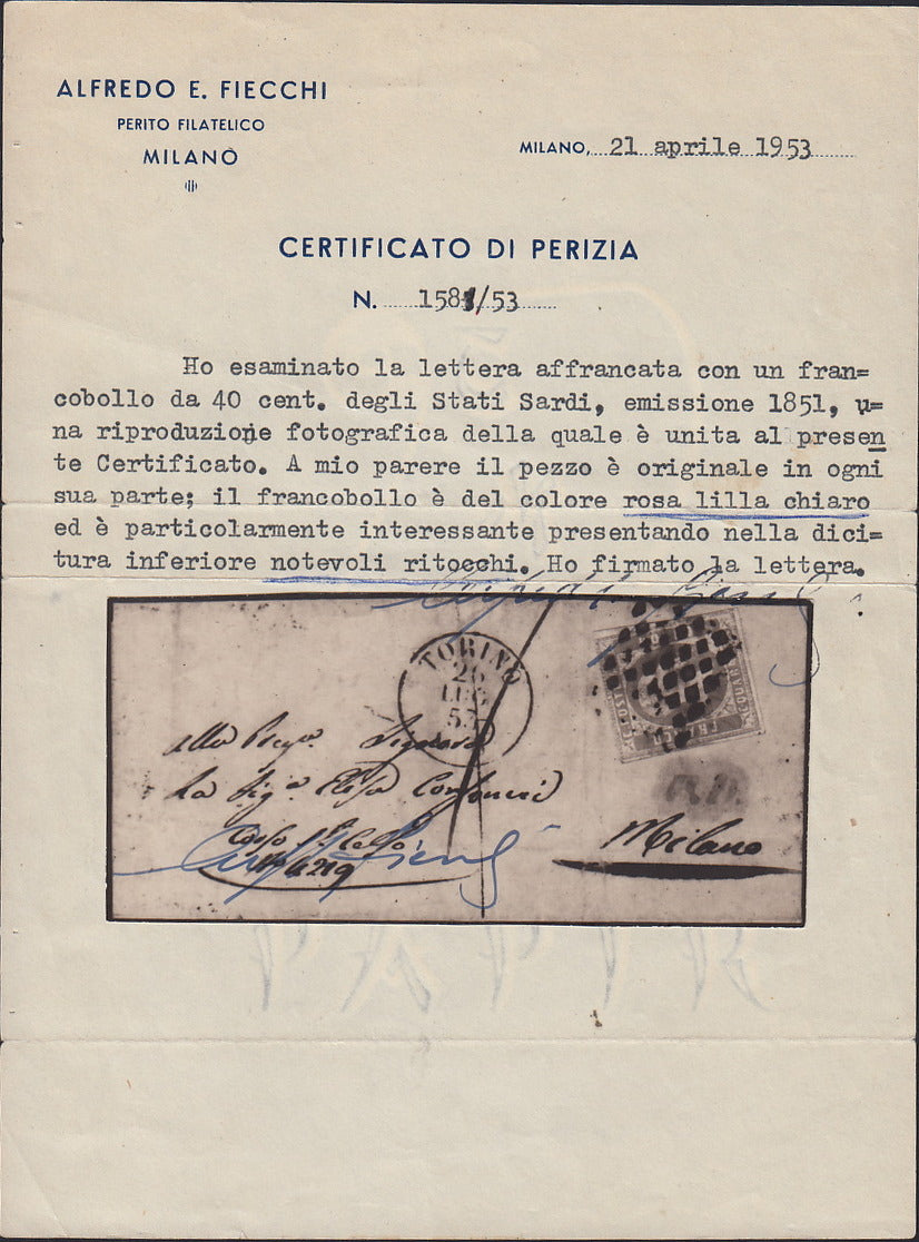 ES2512 - 1851 - I emissione c. 40 rosa lilla isolato su lettera da Torino per Milano 26/7/53 (3d)