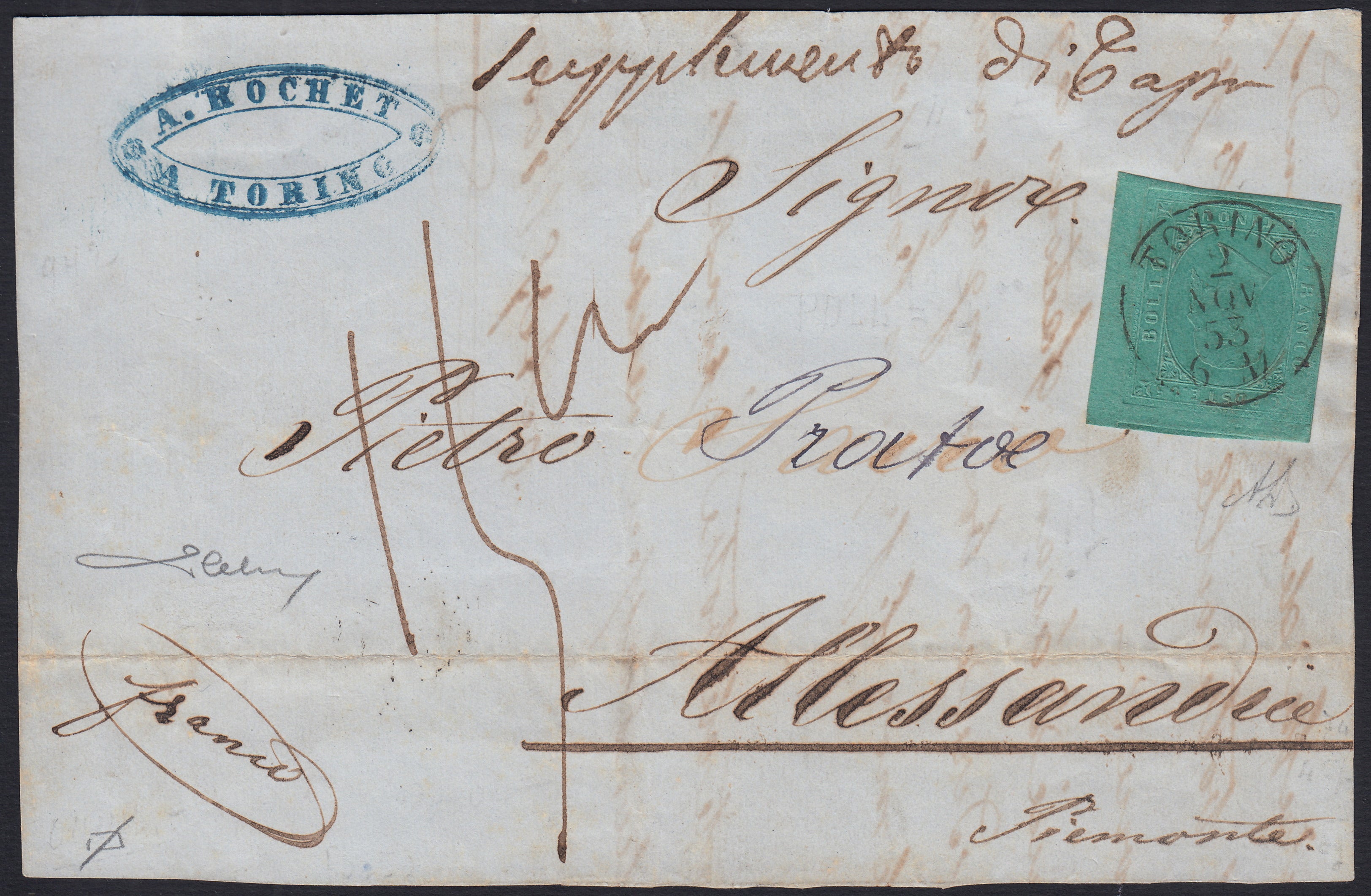 ES2512_15 - 1853 - II emissione c. 5 verde isolato su frontespizio di lettera da Torino per Alessandria 2/11/53, trovcata insufficiente e tassata 15. (4)
