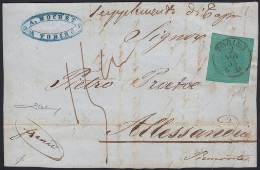 ES2512_15 - 1853 - II emissione c. 5 verde isolato su frontespizio di lettera da Torino per Alessandria 2/11/53, trovcata insufficiente e tassata 15. (4)