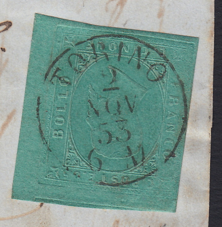 ES2512_15 - 1853 - II emissione c. 5 verde isolato su frontespizio di lettera da Torino per Alessandria 2/11/53, trovcata insufficiente e tassata 15. (4)