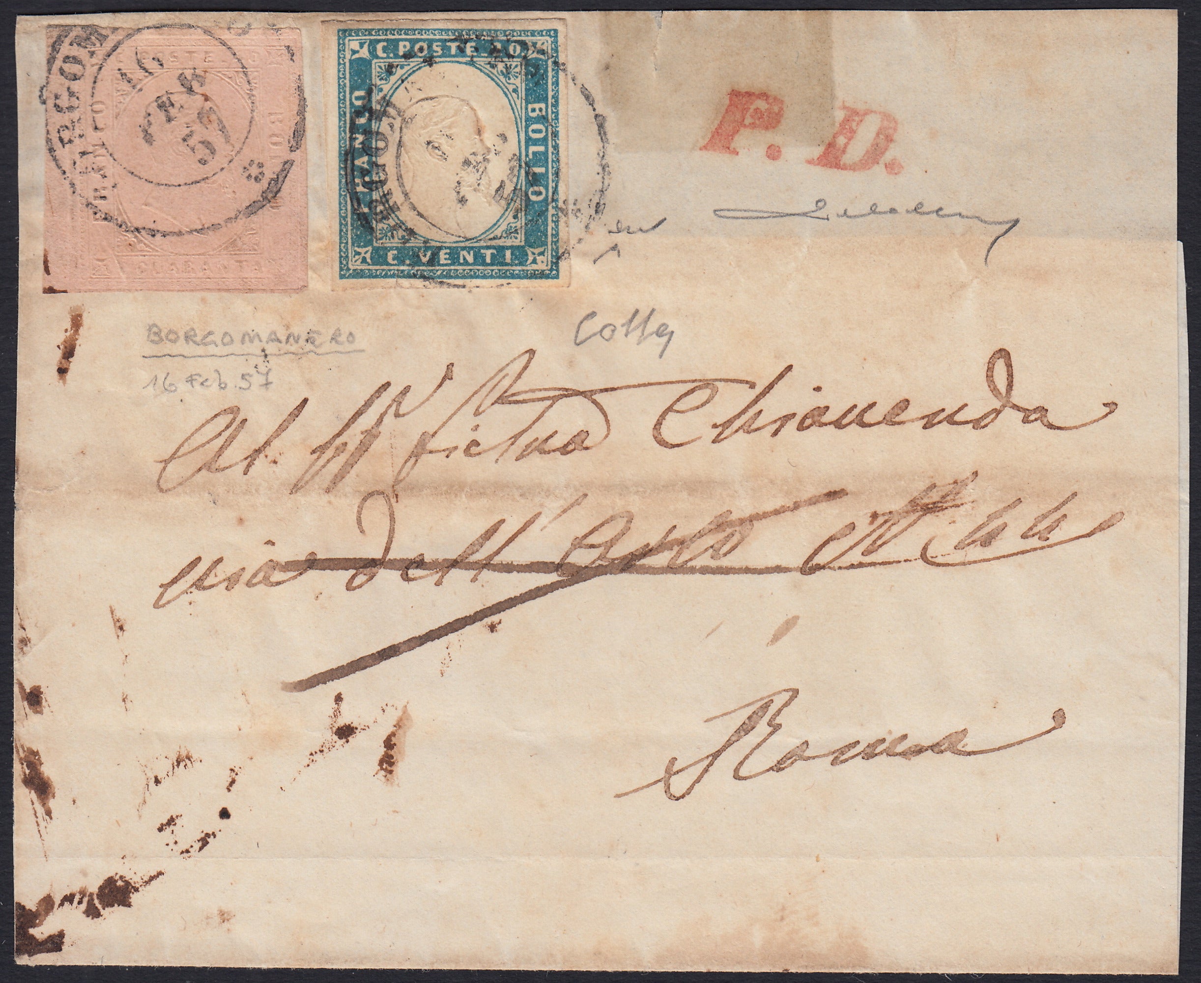 ES2512_18 - 1857 - II emissione c.40 rosa chiaro + IV emissione c.15 cobalto su lettera da Borgomanero per Roma 16/2/57 (6 + 15)